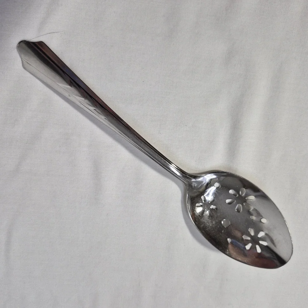 EKCO Slotted Serving Spoon EKS7 Floral Chevron Stainless Steel Vtg USA 8.25